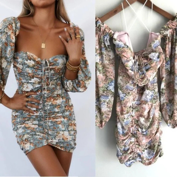 Hello Molly Basque Country Mini Dress Puff Long Sleeve Ruched Pink Green Size 2 - Picture 1 of 10